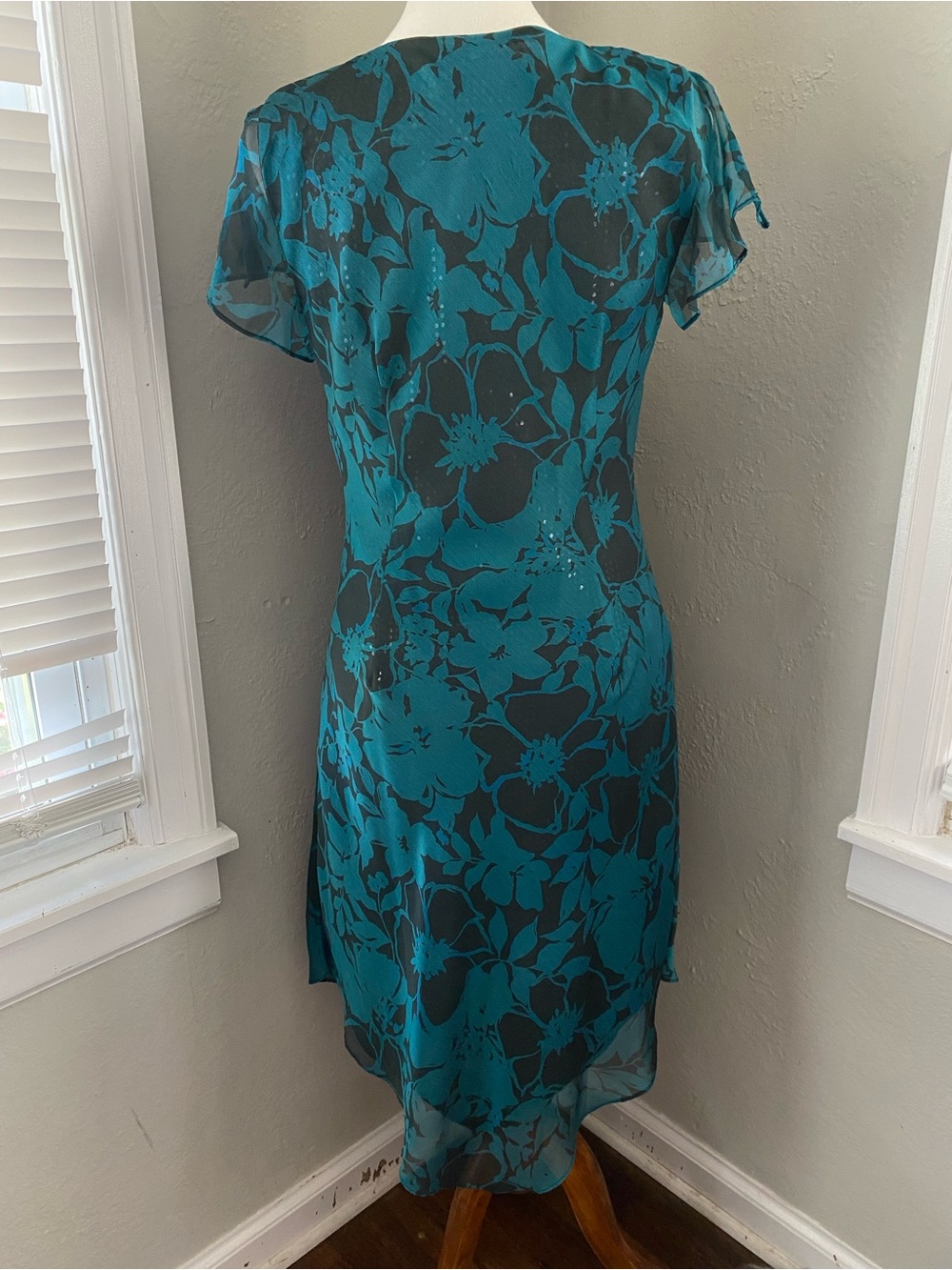 Vtg Whimsigoth Teal Black Floral Sequin Lined MIDI Dress Grunge Fairy Wedding 10 - Picture 8 of 11